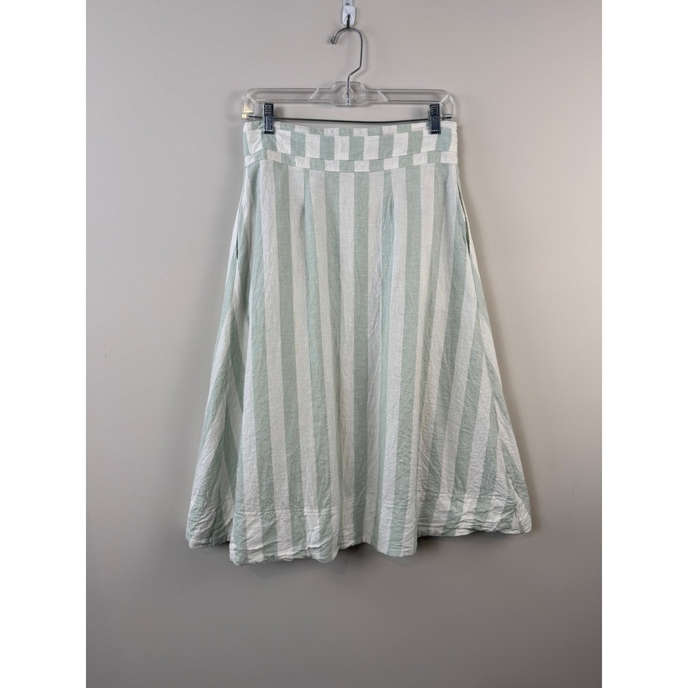 A New Day Midi Skirt Women's S Green Striped Linen Blend Button Front Tie Waist - Picture 2 of 4